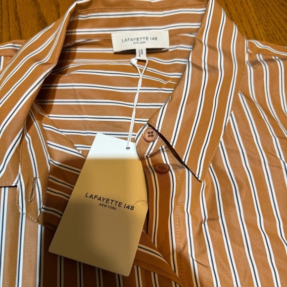 Lafayette 148 Women's Brown Ruxton Striped Button-Down Blouse Top Size XL NWT - Picture 2 of 6